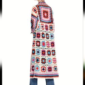 Lovely crochet coat in blue, turquoise,pink and red.  Crew neck open front New